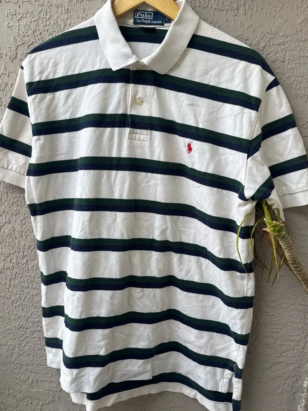 Ralph Lauren White Polo with Green & Navy Stripes and Red Pony